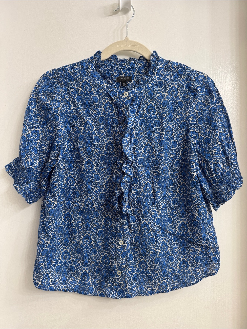 Talbots Blue Floral Ruffle-Front Short Sleeve Top